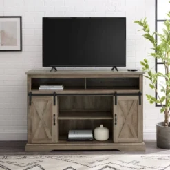 Transitional Sliding Barndoor Highboy TV Stand For TVs Up To 58" - Saracina Home -Cheap Furniture Store GUEST 36bb9b85 ffb1 46e0 b0d8 822e73b5b63d