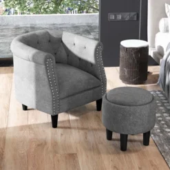Costway Modern Accent Chair With Ottoman Armchair Barrel Sofa Chair With Footrest Grey -Cheap Furniture Store GUEST 41db5b6a d838 4351 87c2 54106f517304