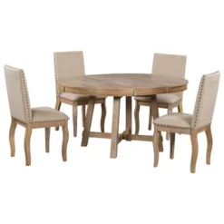 5 PCS Round Wood Extendable Dining Table Set With 4 Upholstered Dining Chairs-ModernLuxe 21 5 PCS Round Wood Extendable Dining Table Set With 4 Upholstered Dining Chairs-ModernLuxe -Cheap Furniture Store GUEST 62a0d22f 09b3 4f40 a197 cc20893dc552