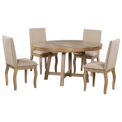 5 PCS Round Wood Extendable Dining Table Set With 4 Upholstered Dining Chairs-ModernLuxe 9 5 PCS Round Wood Extendable Dining Table Set With 4 Upholstered Dining Chairs-ModernLuxe - Image 7