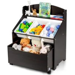 Costway Kids Wooden Toy Storage Unit Organizer W/Rolling Toy Box & Plastic Bins NaturalEspresso -Cheap Furniture Store GUEST 80f5cdc8 b56c 40a6 9518 1678a6f77403