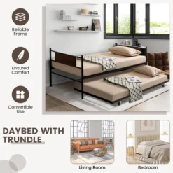 Costway Twin 2-In-1 Daybed Frame With Trundle Bed Set Steel Platform Sofa Bed Black -Cheap Furniture Store GUEST 9cff8a64 03ba 49e9 9437 42d88358e946