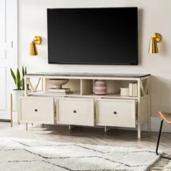 Farmhouse 3 Drawer Wood TV Stand For TVs Up To 65" - Saracina Home -Cheap Furniture Store GUEST acf328b1 4981 4fb4 9c99 669678336b76